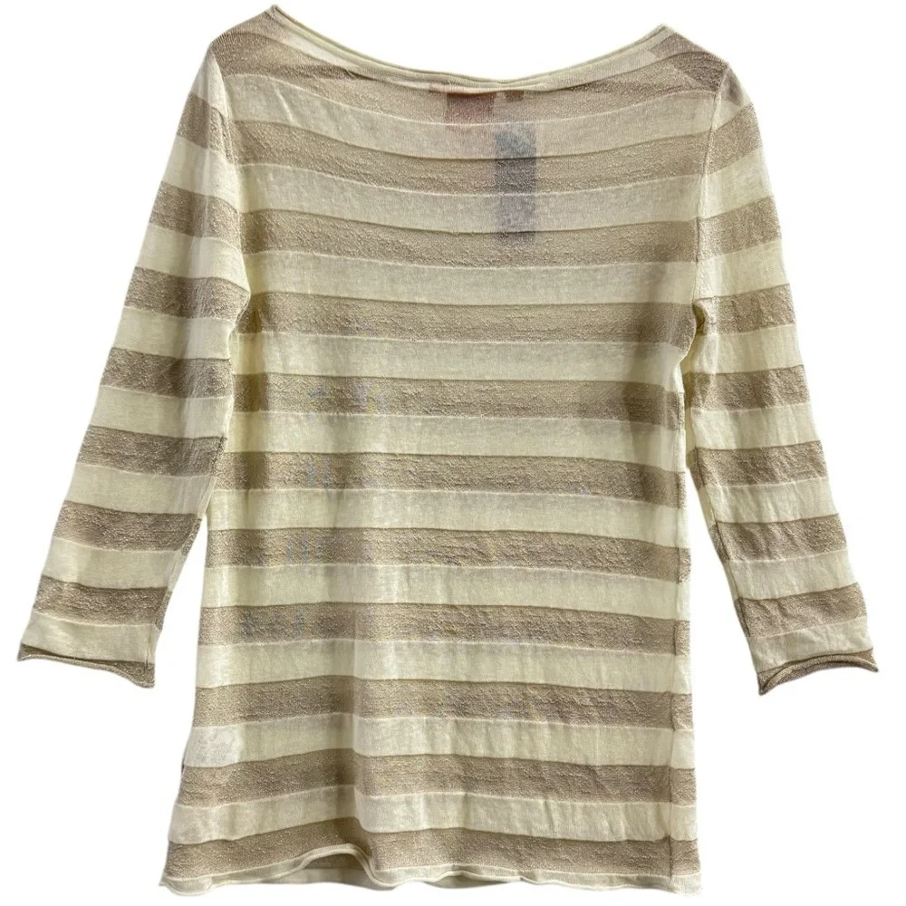 Tory Burch Metallic Stripe Knit Top Women’s M Beige Ivory 3/4 Sleeve NWT